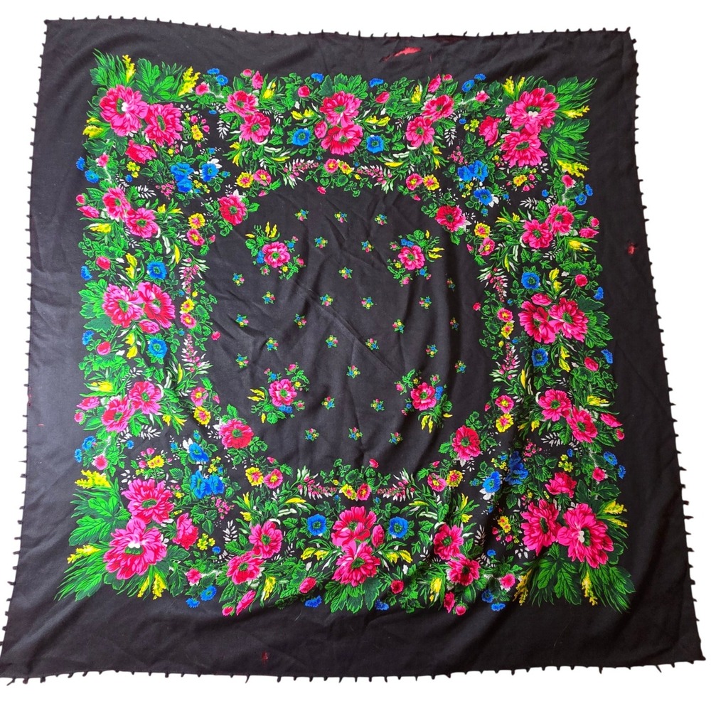 Scarf Belt Shawl Sash Table Runner Bandana Cover Up Tie Black Floral 52"50" VTG